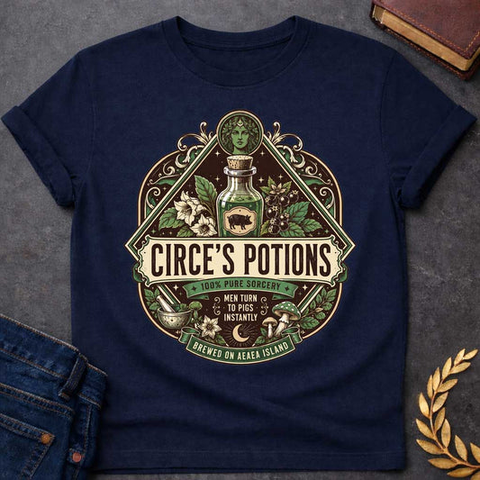 Navy T-shirt with an ornate, vintage apothecary-style t-shirt graphic for "circe's potions.jpg". At the top, a portrait of the goddess Circe sits above a glass potion bottle featuring a pig label, surrounded by magical herbs. A central banner reads "CIRCE'S POTIONS" in a bold serif font. Additional labels read "100% PURE SORCERY," "MEN TURN TO PIGS INSTANTLY," and "BREWED ON AEAEA ISLAND" amidst a mortar, pestle, and mushrooms