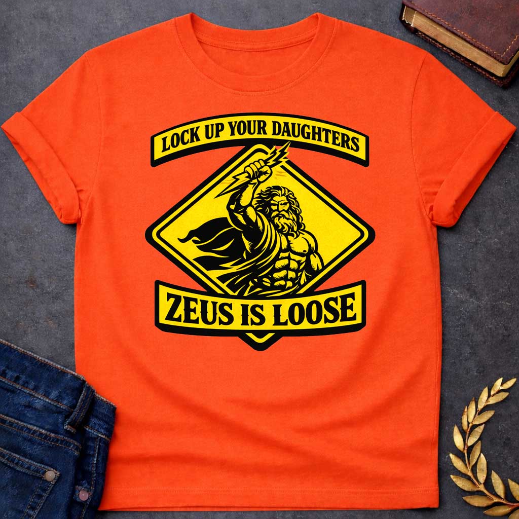 zeus lock up your daughters greek mythology adult t shirt featuring lightning bolt, sky god power symbolism in bold Greek mythology design