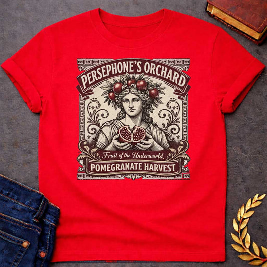 persephone orchard pomegranate harvest greek mythology adult shirt featuring pomegranate, underworld queen symbolism in dark floral mythology design