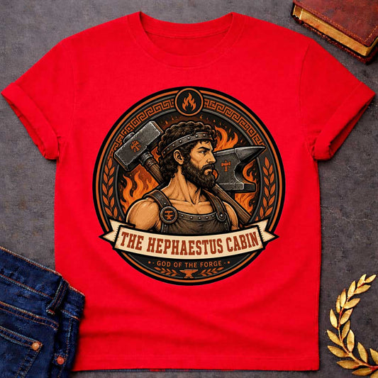 Red t-shirt with a Hephaestus Greek mythology cabin design featuring the bearded god of the forge carrying a large hammer, with an anvil and blazing flames behind him. Bold orange, black, and bronze circular emblem includes Greek key and laurel details with the text “The Hephaestus Cabin” and “God of the Forge,”