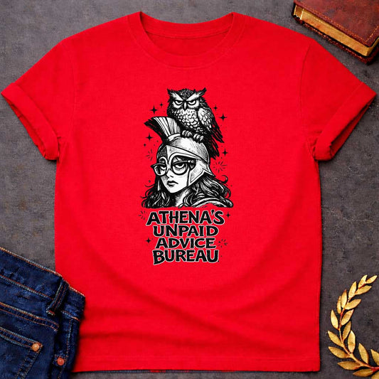 Red T-shirt graphic in black and white ink style featuring Athena wearing a Corinthian helmet and round glasses, with a stern-looking owl perched on top of her helmet. Bold chunky text below reads "Athena's Unpaid Advice Bureau," with small sparkle details scattered throughout the background