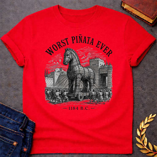 Red T-Shirt with a detailed, woodcut-style graphic design. The central illustration depicts the wooden Trojan Horse being pulled on a wheeled platform by many figures using ropes toward the stone gates of a walled city. Arched over the top of the scene in a distressed, black serif font is the text "WORST PIÑATA EVER." At the bottom of the design, the year "1184 B.C." is printed between two horizontal decorative dashes