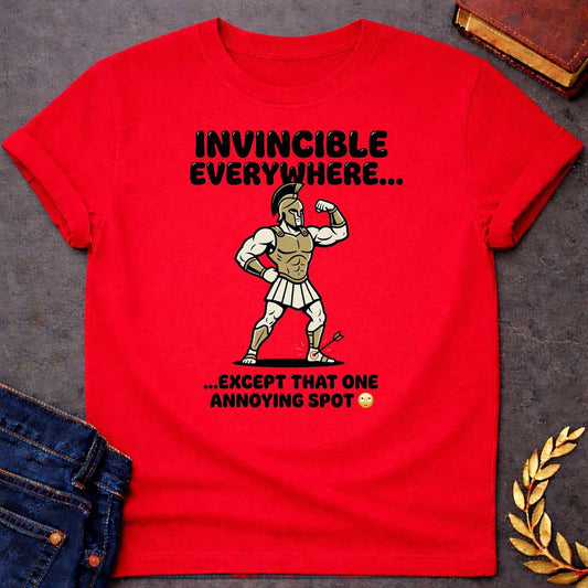 Red T-Shirt with a humorous cartoon of a muscular Greek warrior in a bodybuilder pose, flexing his bicep. Wears gold Corinthian helmet, chest armor, white skirt, and greaves with exaggerated muscles. An arrow with target symbol has struck his heel. Text reads 'INVINCIBLE EVERYWHERE...' above and '...EXCEPT THAT ONE ANNOYING SPOT' with eye-roll emoji below. Comedic reference to Achilles' famous vulnerability—his heel was his only weak point. Cartoon style and modern slang create a lighthearted Greek myth tak