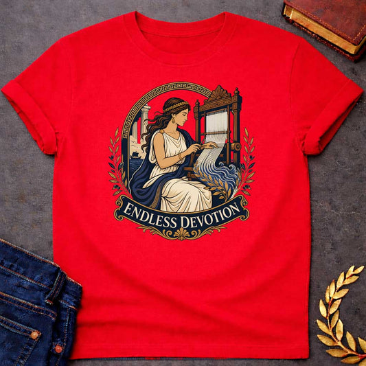 Red T-Shirt with a classical illustration of Penelope from Greek mythology, seated at an ornate wooden loom, weaving. She wears a cream chiton with navy blue drape and a golden laurel crown, with long wavy brown hair. Behind her, a Greek temple column and ship at sea are visible. The scene is framed by a Greek key pattern arch and olive branches. An ornate banner below reads 'ENDLESS DEVOTION.' Rich colors of navy, cream, gold, and brown depict Penelope's faithful waiting for Odysseus' return.