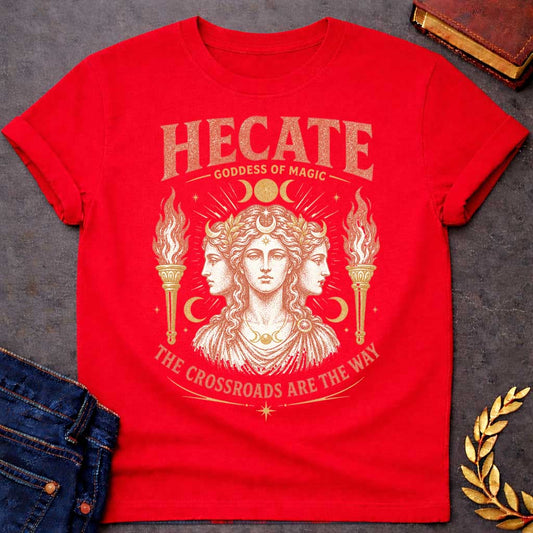 Red t-shirt with a Vintage Hecate Greek mythology shirt featuring the triple-formed Goddess of Magic surrounded by crescent moons, stars, radiant celestial details, and flaming torches. Distressed coral and gold artwork includes the bold text “Hecate Goddess of Magic” and “The Crossroads Are the Way,” inspired by her connection to magic and crossroads.