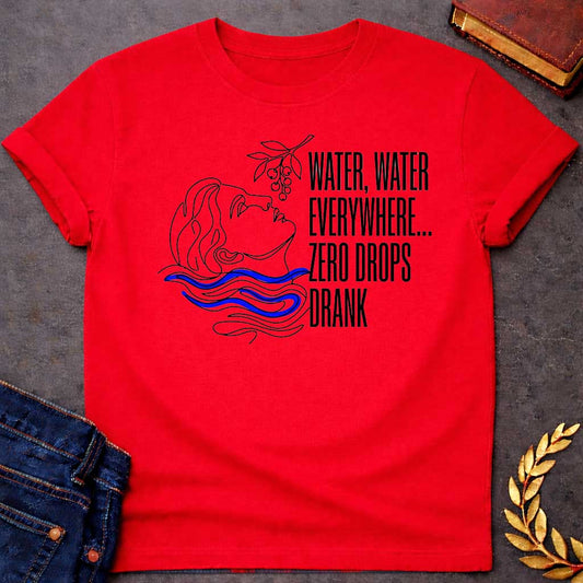 Red t-shirt with A continuous line-art illustration. Drawn in sleek black outlines with vibrant blue water ripples, a classical profile tilts its head back toward a hanging fruit branch just above. Stacked to the right in tall, narrow sans-serif text, the quote reads "WATER, WATER EVERYWHERE... ZERO DROPS DRANK" for a modern, mythological-inspired design.