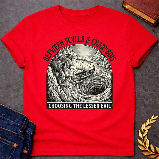Red t-shirt in a vintage woodcut-style, Inside an arched badge, an ancient Greek ship sails narrowly between a multi-headed sea monster on rocky cliffs and a massive, swirling whirlpool. Bold arched text above reads "BETWEEN SCYLLA & CHARYBDIS", while a banner along the bottom displays the phrase "CHOOSING THE LESSER EVIL" in a clean, sans-serif font.