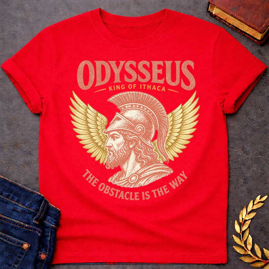 Red t-shirt with a Vintage Odysseus Greek mythology design featuring the legendary King of Ithaca in profile wearing a classical crested helmet, framed by large golden wings. Distressed terracotta and gold artwork includes the text “Odysseus,” “King of Ithaca,” and “The Obstacle Is the Way,” inspired by The Odyssey and his legendary journey home.