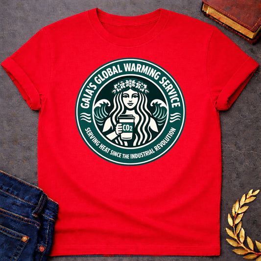 gaia global warming service greek mythology adult shirt featuring detailed Greek mythology artwork, symbolic design, and bold graphic style