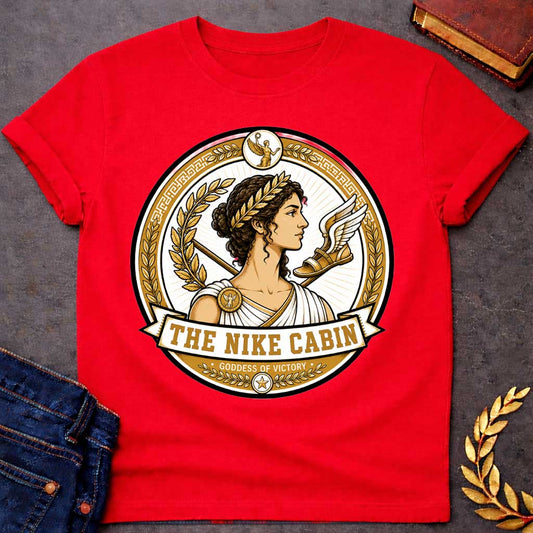 Red t-shirt with a Nike Greek mythology cabin design featuring the goddess of victory in a detailed gold and white circular emblem. Nike wears a laurel crown and classical robes, surrounded by golden laurel branches, a spear, winged sandal, Greek key patterns, and victory symbols. Text reads “The Nike Cabin” and “Goddess of Victory,”