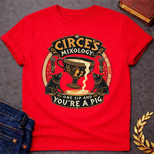 Red T-shirt with a vintage-style Greek mythology t-shirt design Centered is a large black and gold ancient Greek kylix cup spilling a potion, flanked by two black pigs. At the top, stylized text reads "CIRCE'S MIXOLOGY" in an ornate banner. Below, the warning "ONE SIP AND YOU'RE A PIG" curves along the bottom. The entire circular graphic features a distressed texture with traditional Greek key patterns