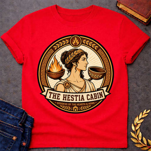 Red t-shirt with a Hestia Greek mythology cabin design featuring the goddess of the hearth and home wearing a laurel crown and classical robes, framed by a burning hearth bowl, ceremonial vessel, flame symbols, laurel leaves, and Greek key patterns. Warm gold and brown circular emblem includes the text “The Hestia Cabin” and “Goddess of the Hearth & Home,”