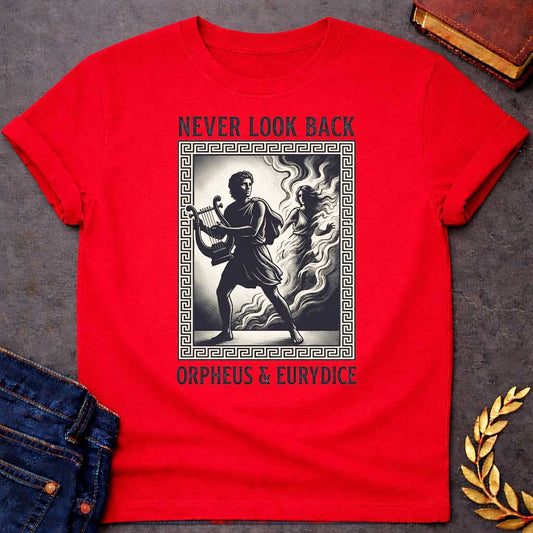 Red t-shirt in engraved woodcut style: Orpheus strides forward carrying a lyre while Eurydice dissolves into smoke and shadow behind him, reaching out. The scene sits within a Greek key-patterned rectangular border, framed by bold serif text above and below, on a cream and black palette.