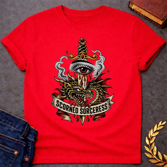 Red T-shirt featuring traditional tattoo-style artwork: a gold-hilted dagger with black-and-gold wrapped handle and ruby pommel pierces through a weeping red-irised eye, blood streaming down the blade. A gold and red dragon coils around the dagger, fangs bared, with grey smoke curling behind. A cream ribbon banner below reads "Scorned Sorceress" in bold black lettering, dripping blood, on a white background.