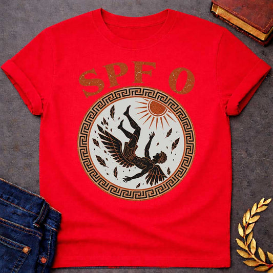 Red t-shirt with a distressed ancient Greek pottery-style graphic. Inside a circular terracotta frame with a black meander key border, a black-figure illustration depicts Icarus falling from the sky as feathers detach from his wings below a shining terracotta sun. Arched above the circular emblem, bold, distressed orange text humorously reads "SPF 0".