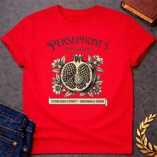 persephone pomegranates greek mythology youth shirt featuring pomegranate, underworld queen symbolism in dark floral mythology design
