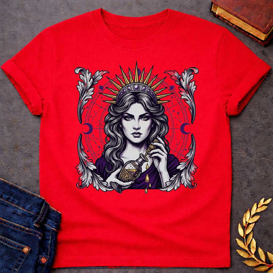 Red T-shirt with a Mystical portrait of Medea rendered in black, purple, and gold holding an ornate potion vessel with glowing liquid dripping downward. Elaborate celestial backdrop features a radiating golden sun crown, purple moon phases, and astrological constellation patterns surrounding her face. Ornate white wing designs frame the composition. Intricate occult aesthetic celebrates the legendary Greek sorceress's magical power, ancient wisdom, and mystical enchantment.