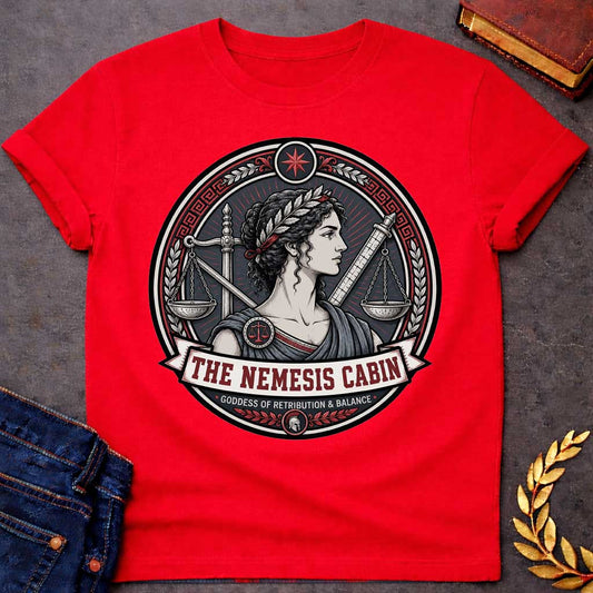 Red Nemesis Greek mythology cabin design featuring the goddess of retribution and balance in a detailed circular emblem. She wears a laurel crown and is surrounded by balanced scales, a sword, measuring rod, Greek key patterns, and red accents. Text reads “The Nemesis Cabin” and “Goddess of Retribution & Balance,”