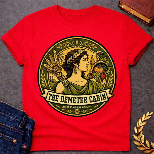 Red t-shirt with a Demeter Greek mythology cabin design featuring the goddess of the harvest wearing a golden wheat crown, surrounded by bundles of wheat, a cornucopia filled with grapes, pumpkin, apple, and other crops. Olive green and gold circular camp-style emblem includes the text “The Demeter Cabin” and “Goddess of the Harvest.”