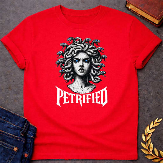 medusa petrified greek mythology youth shirt featuring detailed Greek mythology artwork, symbolic design, and bold graphic style