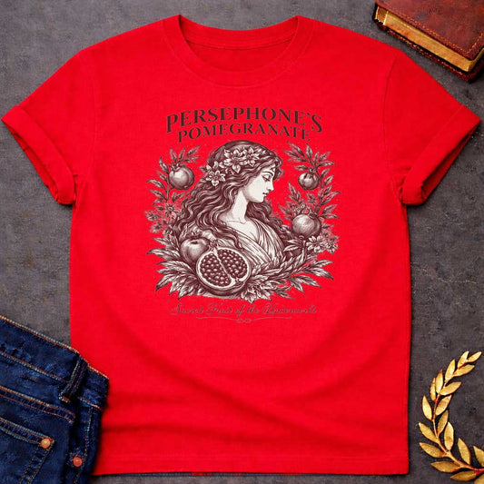 persephone pomegranate sacred fruit of the underworld greek mythology adult shirt featuring pomegranate, underworld queen symbolism in dark floral mythology design