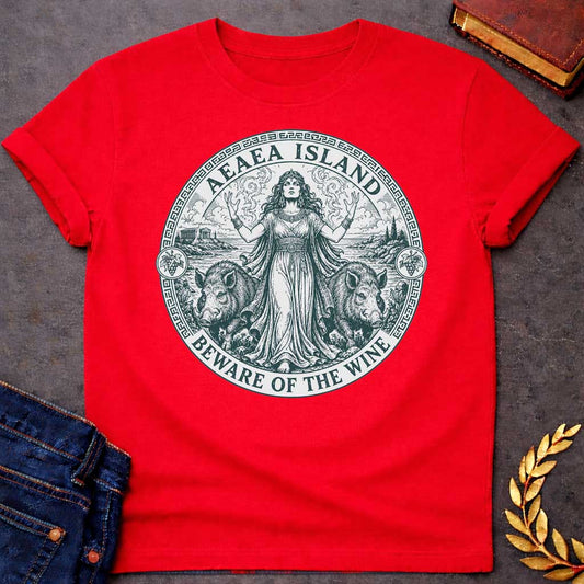 Red T-shirt with a Classical engraving-style illustration of Circe, the Greek goddess of magic, commanding her island of Aeaea with raised arms and mystical power. She wears an ornate crown and flowing draped robes adorned with jewelry. Two human-headed pigs flank her, representing men transformed through her enchanted wine. Grape vines with fruit surround the mystical coastal scene. Greek key pattern border in teal frames the circular composition. Text reads 'Aeaea Island' and 'Beware of the Wine.' Celebra
