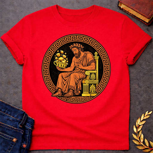 Red t-shirt with A Vintage Greek pottery-inspired design featuring King Midas seated on an ornate throne, looking anxiously at a golden cup overflowing with sparkling gold bars. Framed by a classic Greek key border, the artwork uses traditional terracotta, black, and gold colors to depict the legendary king's cursed golden touch in an ancient Greek vase painting style.