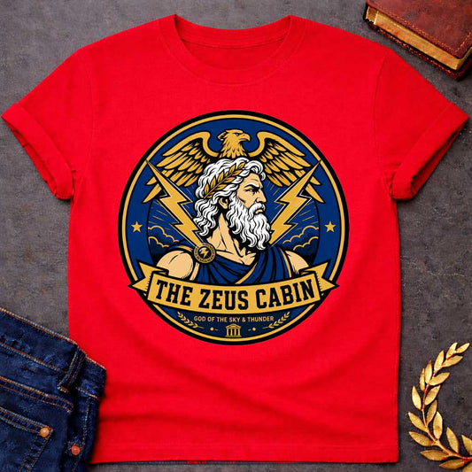 Red t-shirt with a Zeus Greek mythology cabin design featuring the bearded god of the sky and thunder with a laurel crown, golden eagle, lightning bolts, storm clouds, and Greek temple symbol. Bold blue, gold, white, and black circular camp-style emblem includes the text “The Zeus Cabin” and “God of the Sky & Thunder.”