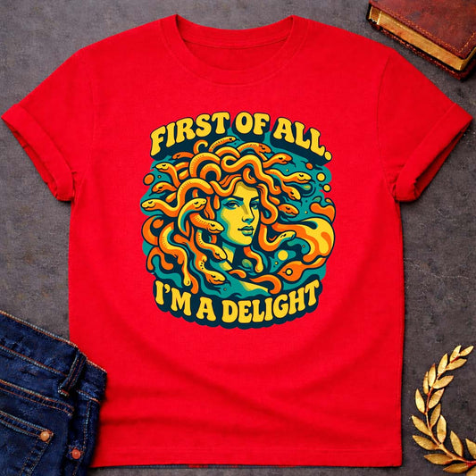 medusa first of all im a delight psychedelic style greek mythology youth shirt featuring detailed Greek mythology artwork, symbolic design, and bold graphic style