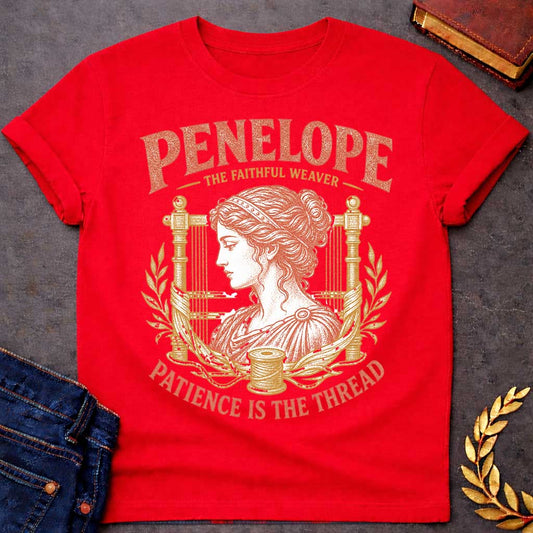 Red t-shirt with a Vintage Penelope Greek mythology design featuring the faithful weaver in profile, framed by an ancient loom, laurel branches, flowing thread, and a spool. Distressed terracotta and gold artwork includes the text “Penelope,” “The Faithful Weaver,” and “Patience Is the Thread,” inspired by her loyalty and perseverance in The Odyssey.