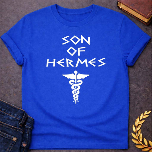 son of hermes greek mythology unisex softstyle adult t shirt featuring detailed Greek mythology artwork, symbolic design, and bold graphic style