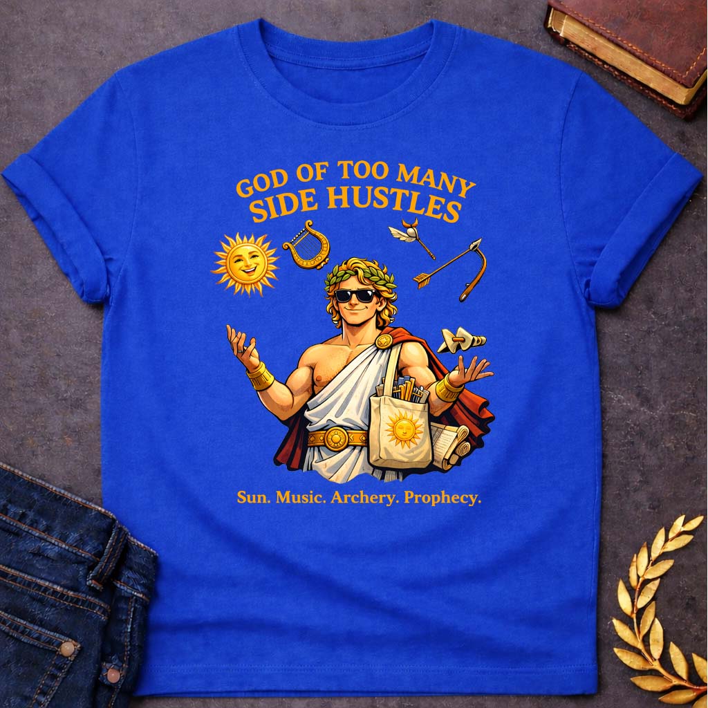apollo god of too many side hustles greek mythology unisex softstyle adult t shirt featuring detailed Greek mythology artwork, symbolic design, and bold graphic style