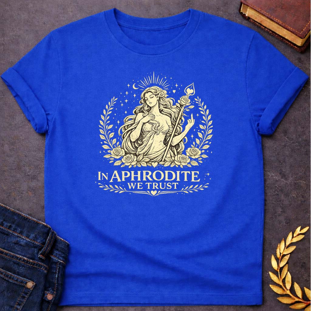 In Aphrodite We Trust Greek Mythology Youth T-Shirt featuring detailed Greek mythology artwork, symbolic design, and bold graphic style