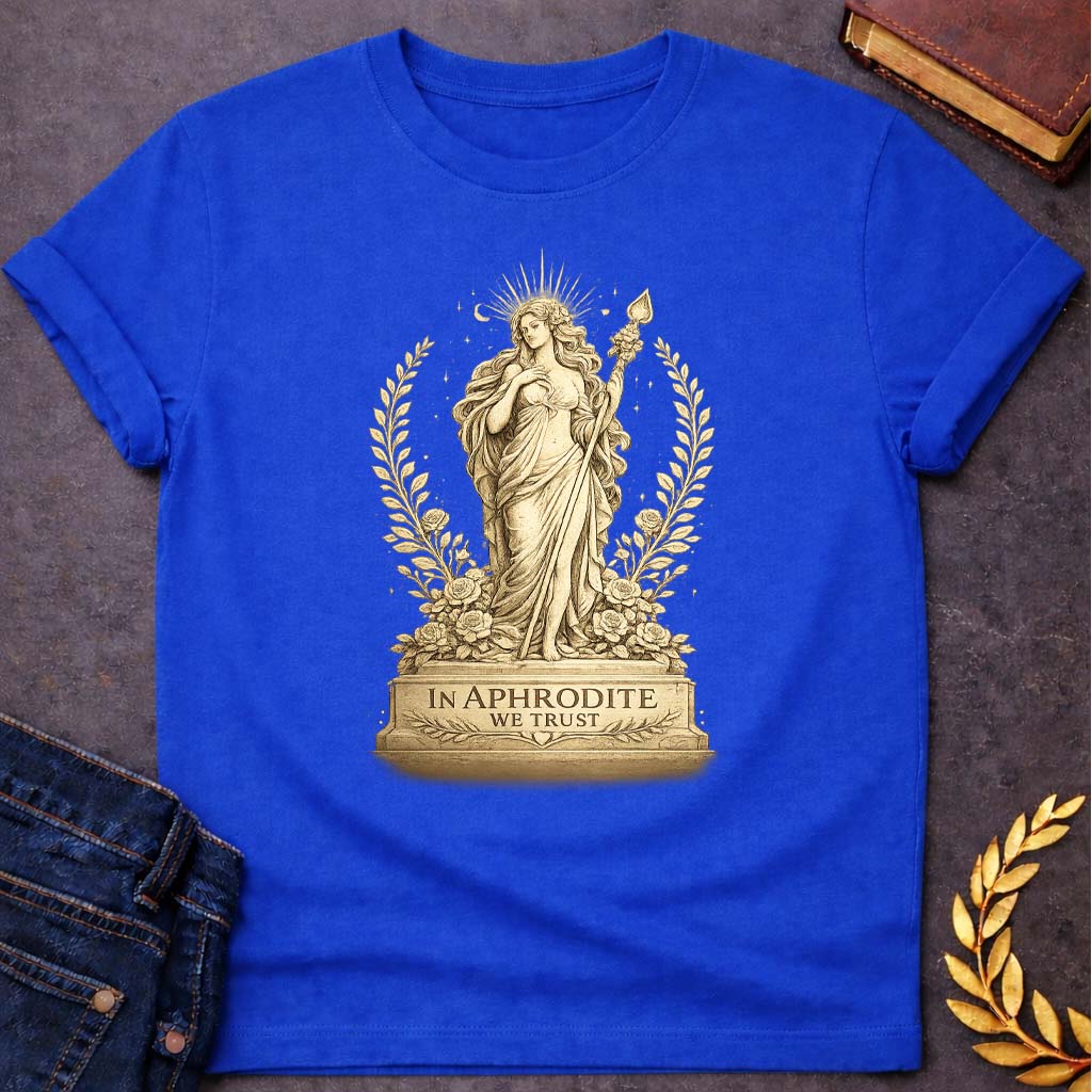 in aphrodite we trust greek mythology youth heavy cotton™ tee 1 featuring detailed Greek mythology artwork, symbolic design, and bold graphic style