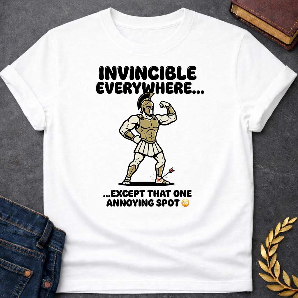 White T-Shirt with a humorous cartoon of a muscular Greek warrior in a bodybuilder pose, flexing his bicep. Wears gold Corinthian helmet, chest armor, white skirt, and greaves with exaggerated muscles. An arrow with target symbol has struck his heel. Text reads 'INVINCIBLE EVERYWHERE...' above and '...EXCEPT THAT ONE ANNOYING SPOT' with eye-roll emoji below. Comedic reference to Achilles' famous vulnerability—his heel was his only weak point. Cartoon style and modern slang create a lighthearted Greek myth t