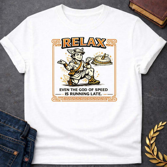 hermes relax even the god of speed is running late greek mythology youth t shirt featuring detailed Greek mythology artwork, symbolic design, and bold graphic style