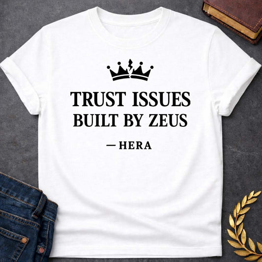 hera trust issues built by zeus greek mythology youth t shirt featuring lightning bolt, sky god power symbolism in bold Greek mythology design