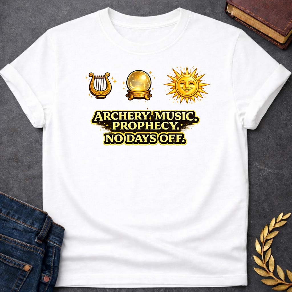 apollo archery music prophecy no days off greek mythology youth heavy cotton™ tee featuring detailed Greek mythology artwork, symbolic design, and bold graphic style