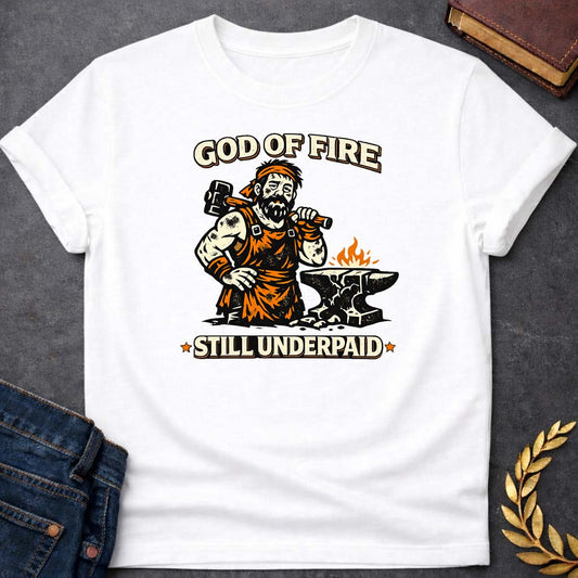 hephaestus god of fire still underpaid greek mythology youth t shirt featuring blacksmith hammer, forge sparks, fire god symbolism in industrial mythology design