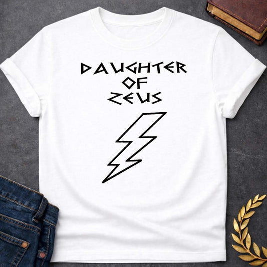 daughter of zeus unisex softstyle adult t shirt featuring lightning bolt, sky god power symbolism in bold Greek mythology design