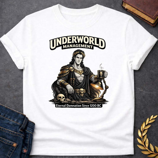 hades underworld management greek mythology adult t shirt featuring underworld king, skull motifs, dark Greek mythology design