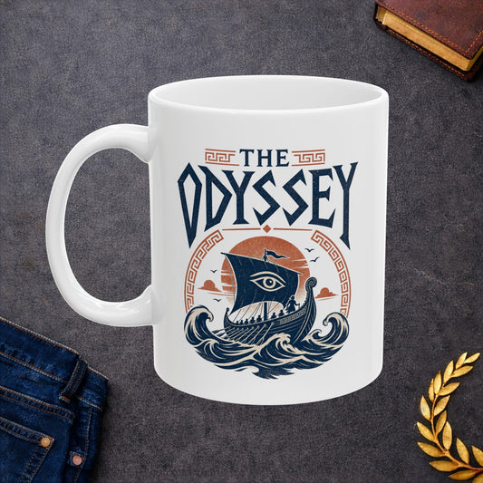 White ceramic mug with a Vintage Greek mythology white ceramic mug design inspired by The Odyssey, featuring Odysseus and his crew sailing an ancient Greek ship through powerful blue waves beneath a terracotta sunset. A watchful eye decorates the sail, framed by Greek key motifs and bold distressed "The Odyssey" lettering.