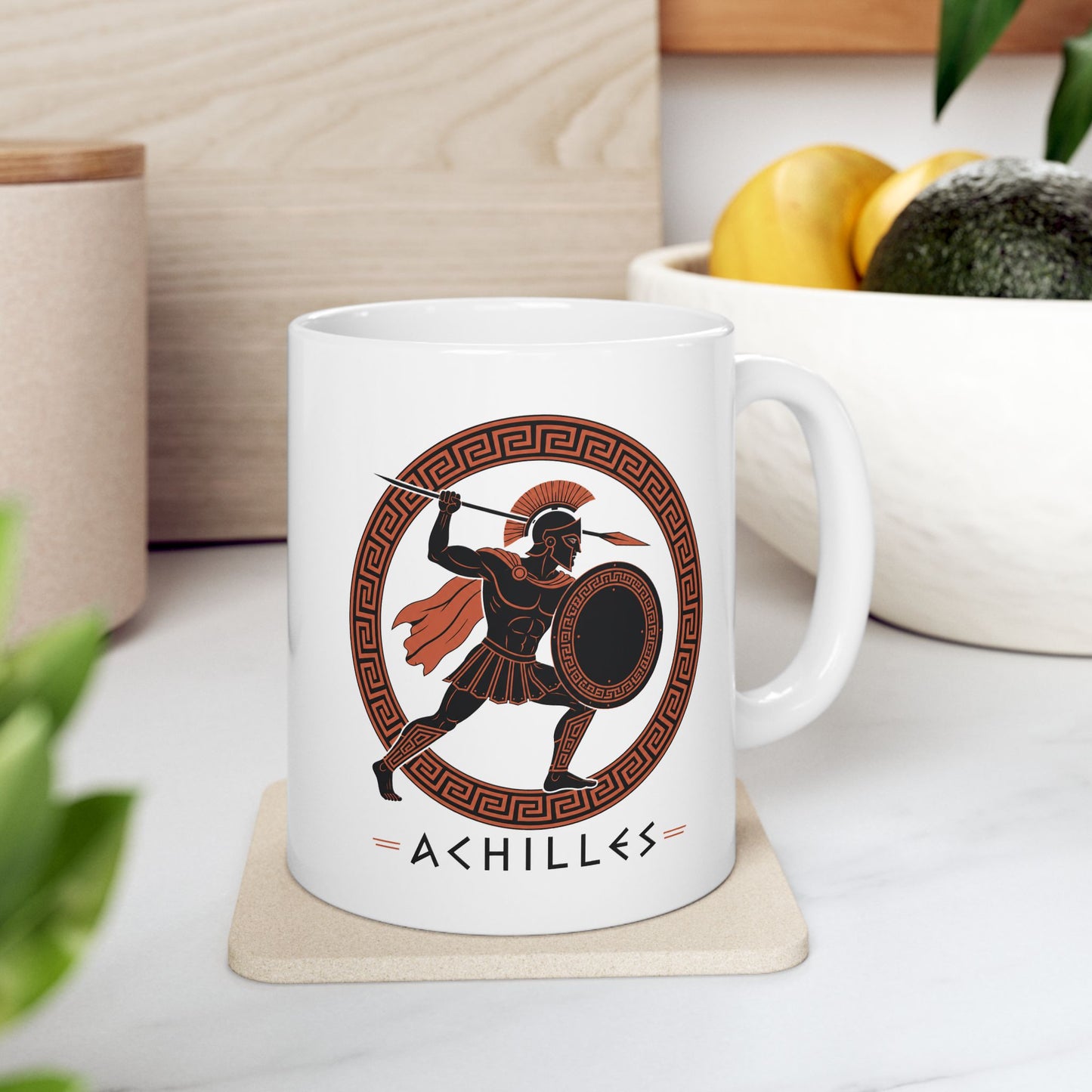 White ceramic mug with a Ancient Greek pottery-style illustration of Achilles, the legendary Trojan War hero, in terracotta orange and black. The warrior wears a crested Corinthian helmet, pleated skirt, and flowing cape while raising a spear in dynamic battle pose. He holds a round shield with Greek key pattern. Enclosed in a circular meander pattern border. The name 'ACHILLES' appears below in geometric letters. Celebrates the hero's legendary martial strength.