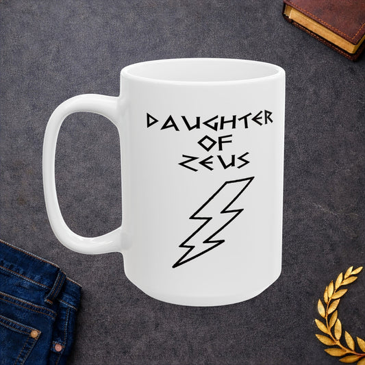 A minimalist black graphic for a white ceramic mug featuring a large, central outline of a lightning bolt. Above the bolt, the text "DAUGHTER OF ZEUS" is written in a sharp, angular font inspired by ancient Greek inscriptions. The entire design is rendered in a clean, high-contrast black outline style.