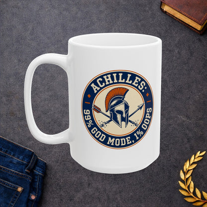 White ceramic mug with a circular, vintage-style athletic emblem dedicated to Achilles. At the center is a detailed Trojan or Greek helmet with an orange crest, positioned over a crossed spear and a broken arrow. The design uses a dark blue, cream, and orange color palette. Bold block text wrapping around the border reads "ACHILLES: 99% GOD MODE, 1% OOPS," referencing his mythological weakness.