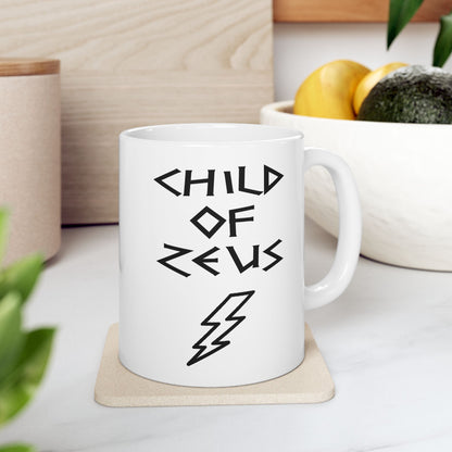 A minimalist black graphic for a white ceramic mug featuring a large, central outline of a lightning bolt. Above the bolt, the text "CHILD OF ZEUS" is written in a sharp, angular font inspired by ancient Greek inscriptions. The entire design is rendered in a clean, high-contrast black outline style.
