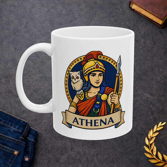 White ceramic mug with a vibrant, circular emblem featuring the Greek goddess Athena. She wears a golden helmet with a red crest and holds a spear, with a small white owl perched on her shoulder. The design is set against a dark blue background with a gold dotted border. A parchment-style banner at the bottom displays the name "ATHENA" in bold capital letters. The illustration has a clean, modern vector art style.