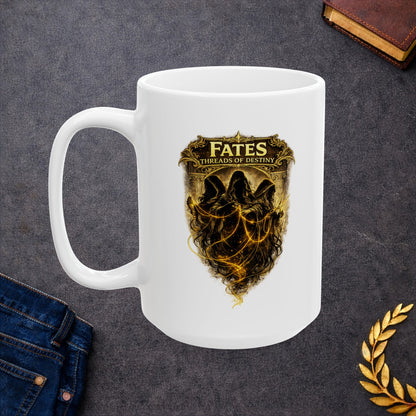 White ceramic mug with a dramatic, gold-toned illustration featuring the three Fates as hooded, shadowy figures. They are shown spinning, measuring, and cutting glowing golden threads of light against a dark background. Above them, a decorative golden frame contains the words "FATES" and "THREADS OF DESTINY." The artwork has a mystical, high-contrast aesthetic with intricate classical details and ethereal lighting.