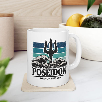 White ceramic mug with retro design featuring Poseidon's black trident rising from stylized ocean waves with white foam caps. Background shows horizontal stripes in graduated teal and turquoise tones suggesting ocean depths. Bold distressed black text reads 'POSEIDON' with 'LORD OF THE SEA' below in smaller lettering. Vintage screen-print aesthetic celebrates the Greek god of the sea with powerful, nautical imagery.