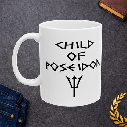 A minimalist black graphic for a white ceramic mug featuring a central silhouette of a trident. Above the trident, the text "CHILD OF POSEIDON" is written in a sharp, angular font reminiscent of ancient Greek epigraphy. The entire design is rendered in a clean, high-contrast black style.